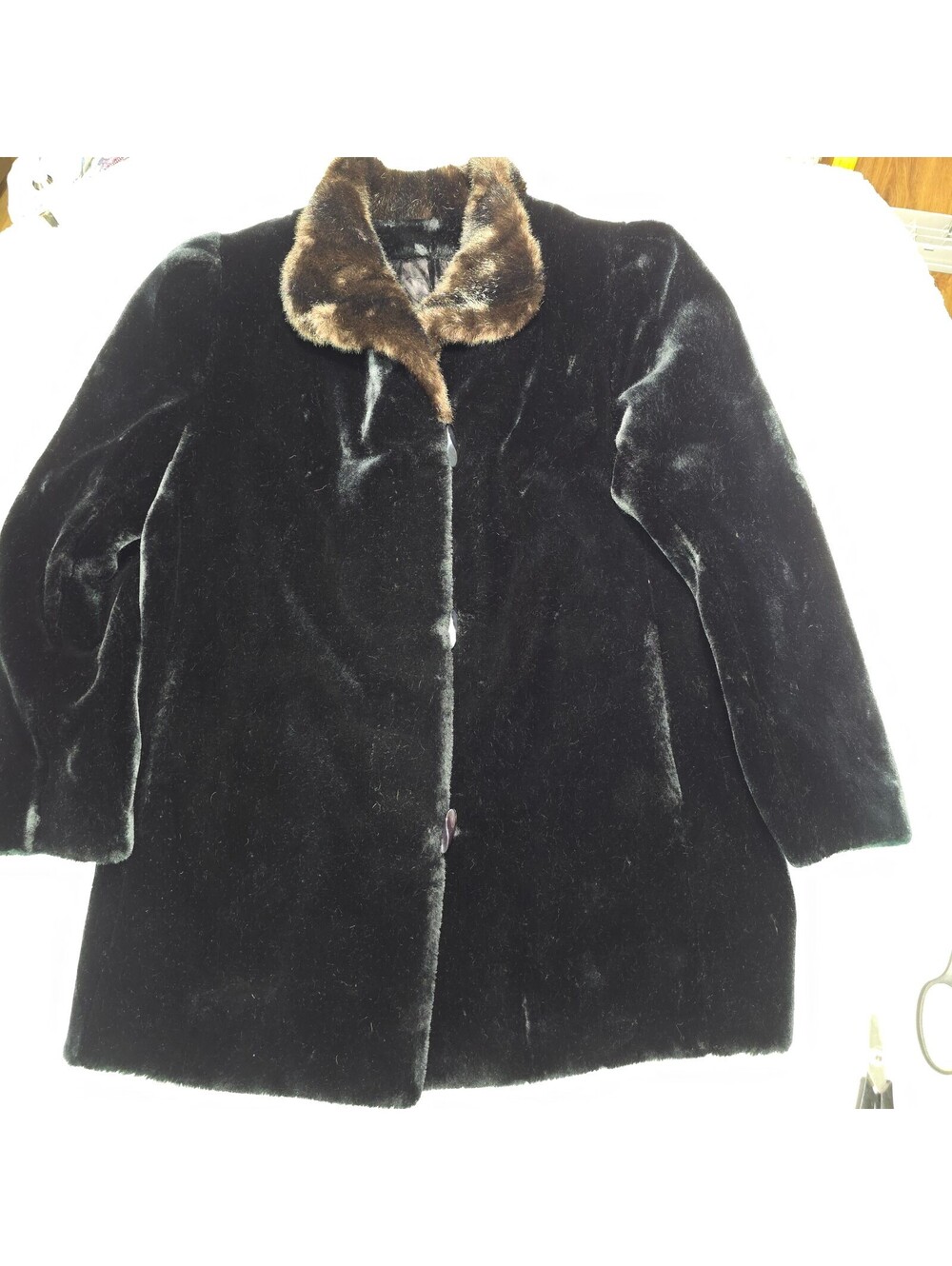 Vintage Borgazia Faux Fur Coat Black Plush Brown Collar Mid Century Mob Wife L/M